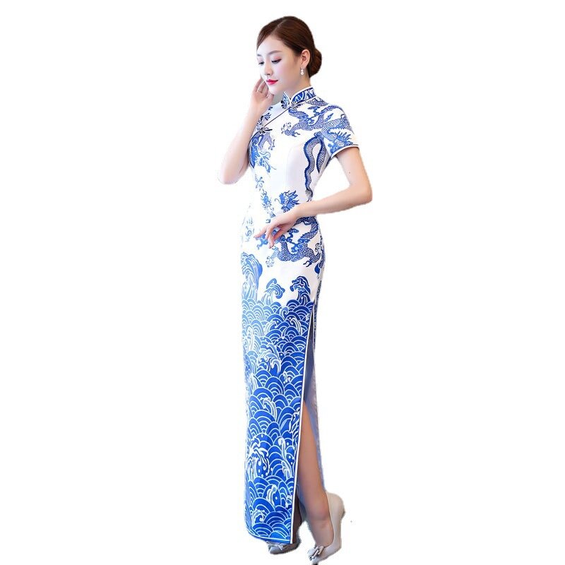 Ricamo paillettes di lusso splendida forcella lunga in raso Cheongsam Stage Show vestito da ballo elegante Sexy Slim aderente Qipao Fashion Gown