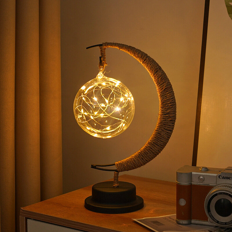 Lâmpada de cabeceira LED estrela e lua, videira, criativo, corda de cânhamo, USB, decorativa, lâmpada da noite