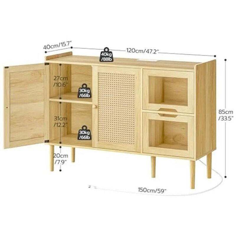 LED Light Buffet Sideboard Cabinet with Power Outlets & Rattan Decor Doors Kitchen Storage Accent 47.2" Modern Coffee Bar