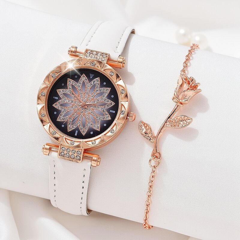Reloj de pulsera de cuarzo con diamantes de imitación brillantes para mujer, pulsera de flor rosa, Regalo para mamá