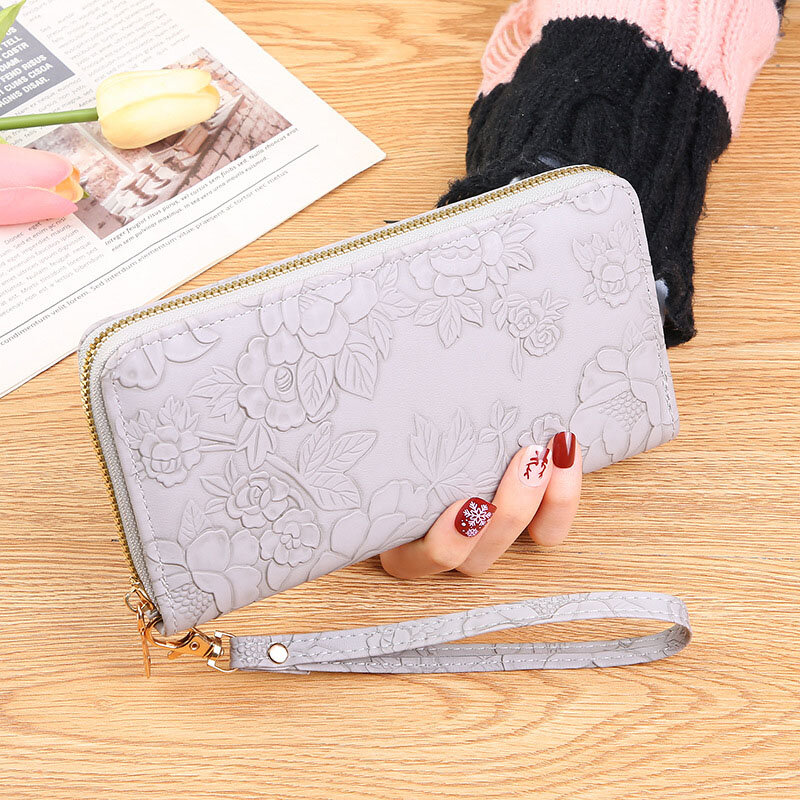 New fashion solid color PU wallet girls zipper print clutch bag temperament simple sewing line coin purse