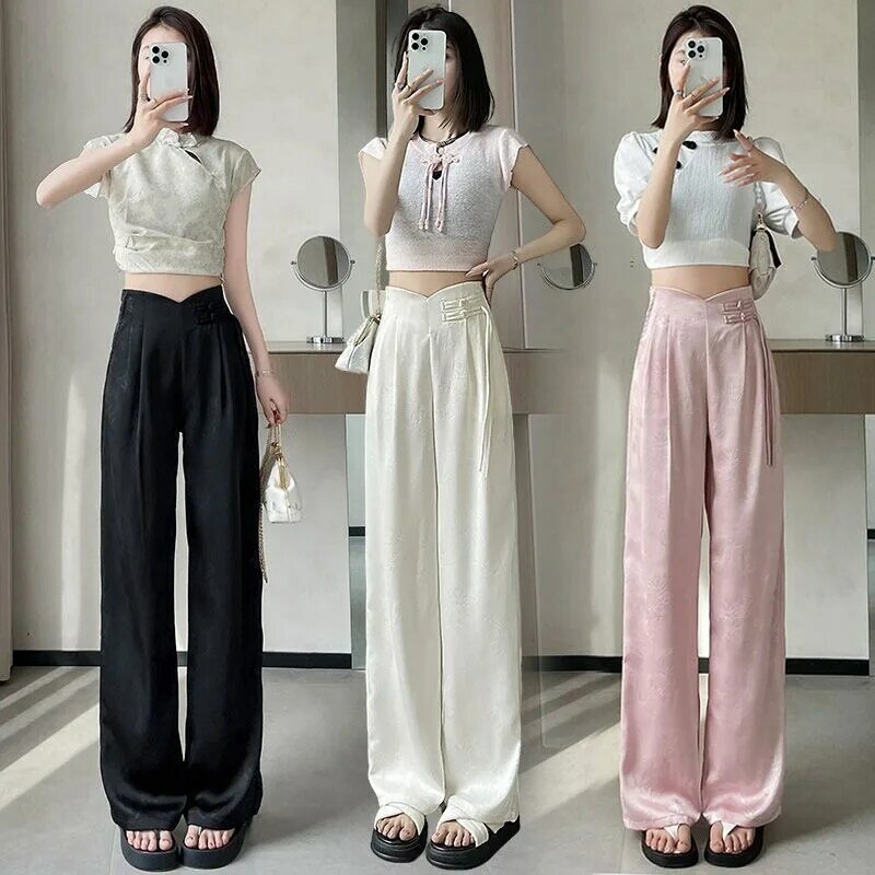 Pink New Chinese Satin Jacquard Suit Pants for Women Spring/Summer 2024 New High Waist Loose Straight Button Wide Leg Pants