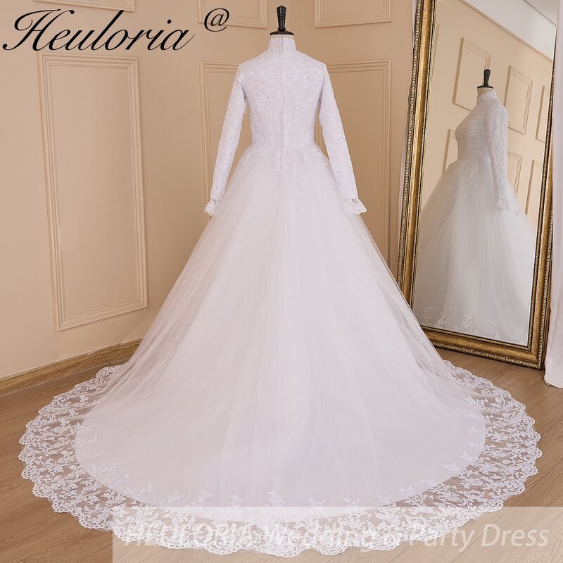 HEULORIA Muslim Wedding Dress long sleeve bride dress high neck plus size robe de mariee Lace beading  Bridal Gown