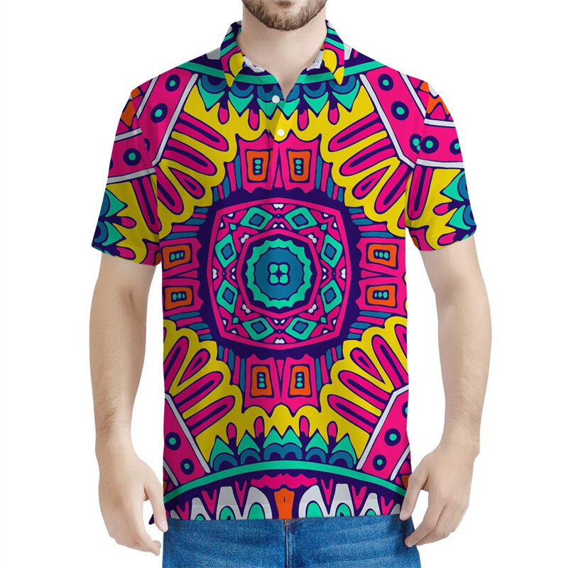 Polo con estampado 3d de Mandala multicolor para hombre y mujer, camiseta informal de manga corta Bohemia, Tops de solapa, Verano