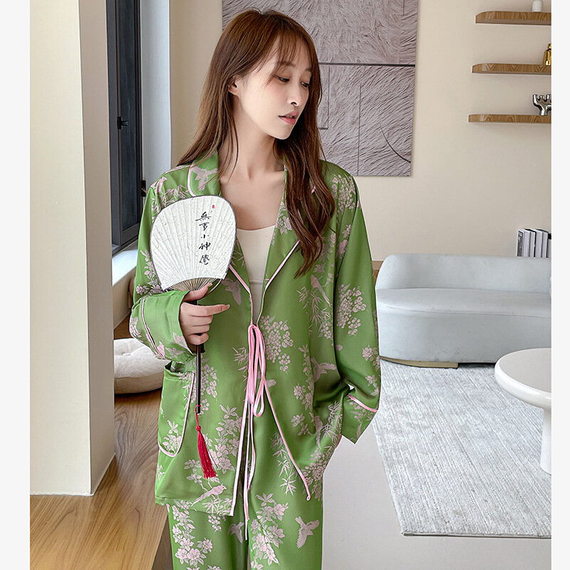 Conjunto de pijama de 2 piezas con estampado de flores para mujer, ropa de salón de estilo chino, pantalones de manga larga de satén, trajes de primavera y otoño para el hogar