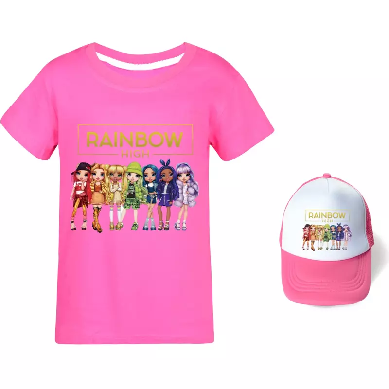 Camiseta Kawaii Rainbow alta infantil, blusa de manga curta, chapéu sol, camiseta de verão, moda, menina, crianças, criança, menino
