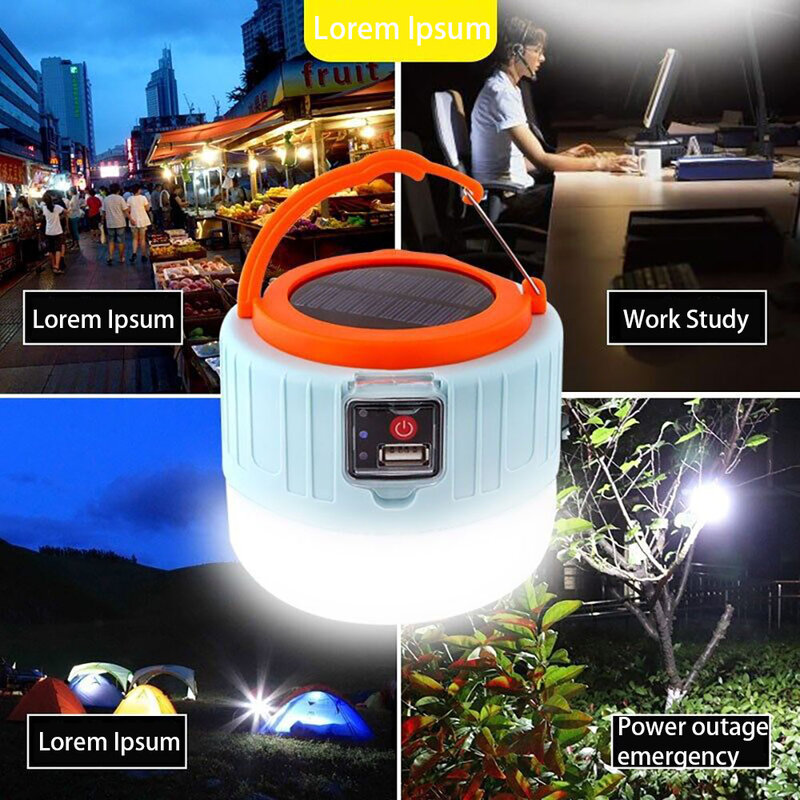 Lampe de poche LED haute puissance portable, équipement de camping, lanterne de charge solaire, ampoule USB, lampe de tente de camping, éclairage étanche