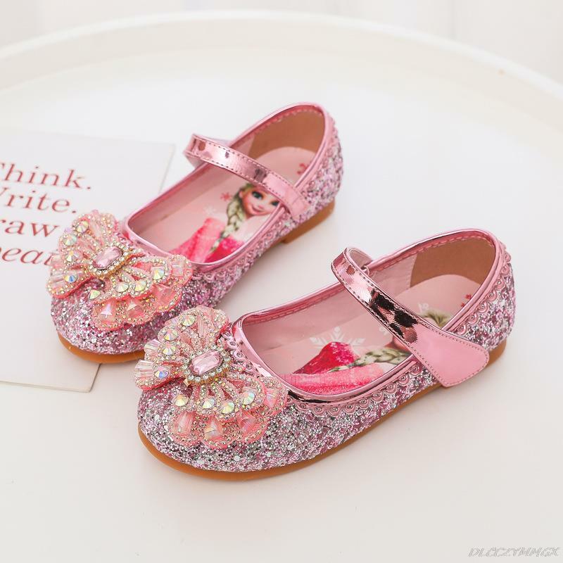 حذاء أميرات بنعل ناعم كرتوني للأطفال ، حذاء كريستال مجمد ، جلد فتاة بزهور مسطحة