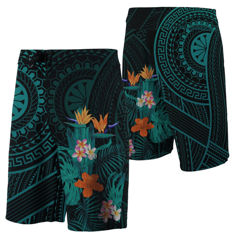Шорты пляжные для мужчин и женщин, гавайская Полинезия, тропический принт, Короткие штаны для плавания, пляжные, канака, с 3D рисунком, лето 2024