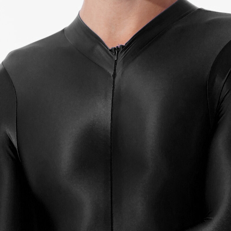 Mens One-piece Black Shimmery Smooth Lingerie High Neck Long Sleeves Ankle Length Double-ended Zipper Leotard Bodysuit Jumpsuit