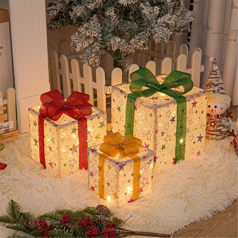M6CF 3 قطعة LED أضواء دافئة صندوق هدايا الحلي مضاءة هدية صناديق زينة عيد الميلاد للداخلية في الهواء الطلق ساحة ديكور المنزل
