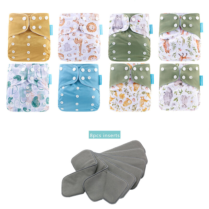 Happyflute-Juego de pañales de bolsillo para bebé, pañal ajustable de 8 piezas, Diape + 8 piezas, inserto de carbón de bambú, impermeable y reutilizable, lavable