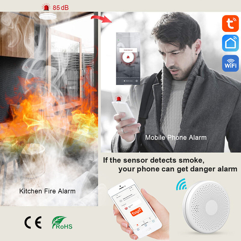 Tuya-Detector de combinación de humo y monóxido de carbono, Sensor de alarma de incendios, 85dB, Notificación por aplicación en tiempo Real con autoprueba, WIFI