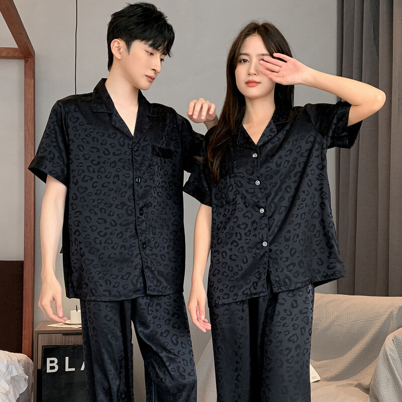 High Quality Pajamas Suit Men Women Summer Ice Silk Short Sleeve Spring Autumn Satin Puppy Homewear Couple Sleepwear Female Male
