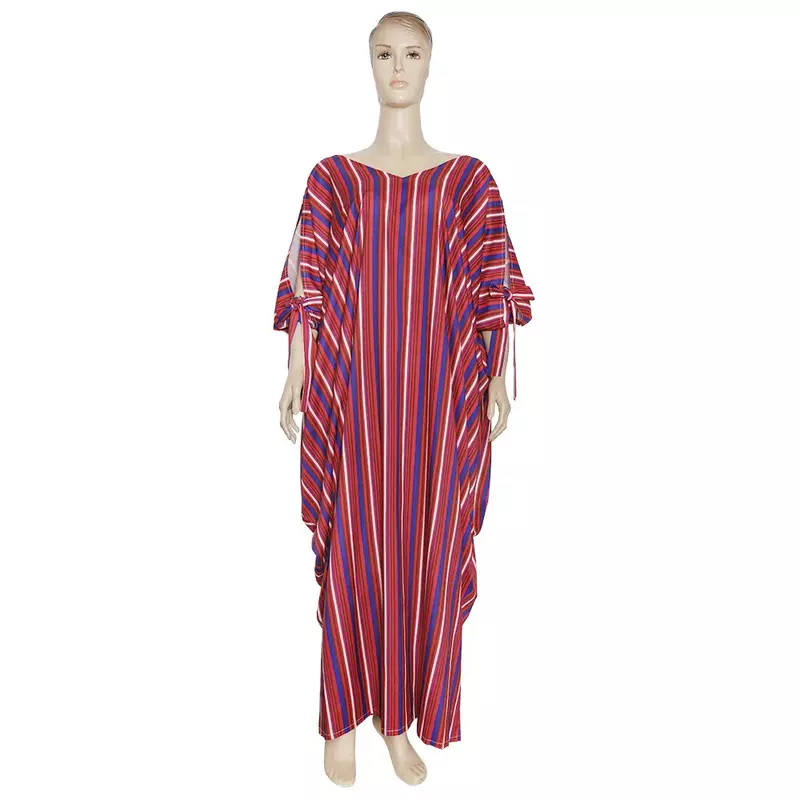 Vestido para mulheres africanas com listras verticais, decote em V grande, sexy com manguito solto, europeu e americano, vestido de desejo, S9051
