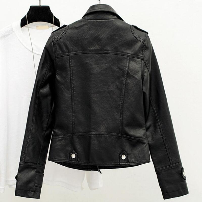 Jaqueta de couro falso de motocicleta para mulheres, jaqueta com zíper, lapela de montagem, manga longa elegante, primavera