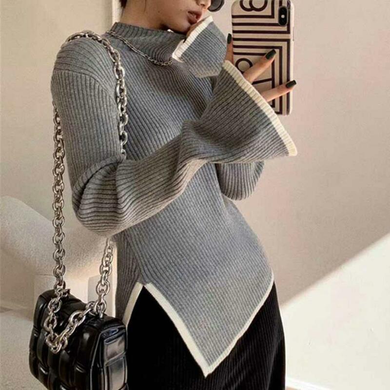 Свитер с высоким воротом уютный вязаный свитер с высоким воротником для женщин пуловер с асимметричным разрезом на Подоле с теплой защитой шеи для осени