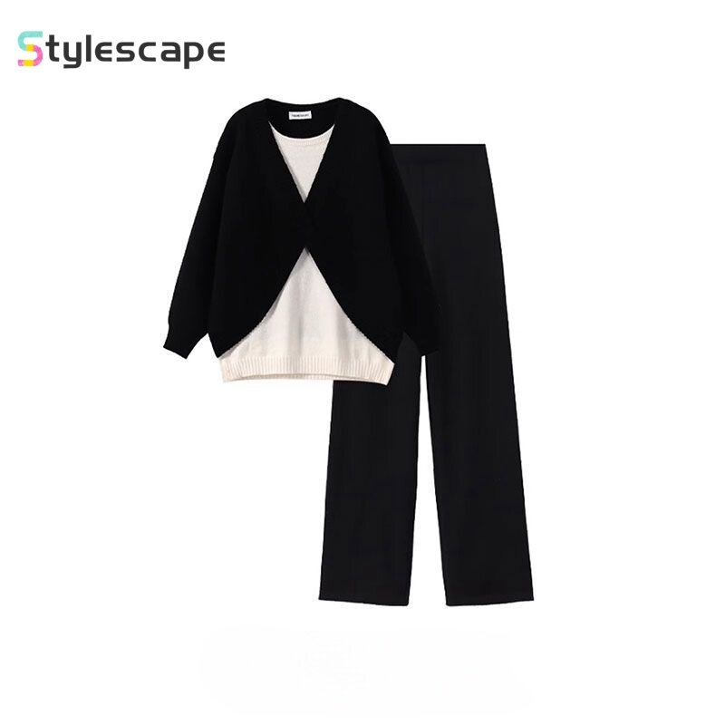 Large Size Design and Fake Two Piece Knitted Sweater 2024 Autumn and Winter Slim High Waisted Wide Leg Pants Casual for Woman