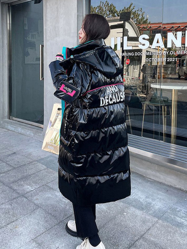 Błyszcząca kurtka płaszcz na śnieg damska 2023 moda zagęszczona zima luźna długa kurtka damska wiatroszczelna przeciwdeszczowa ciepła odzież wierzchnia
