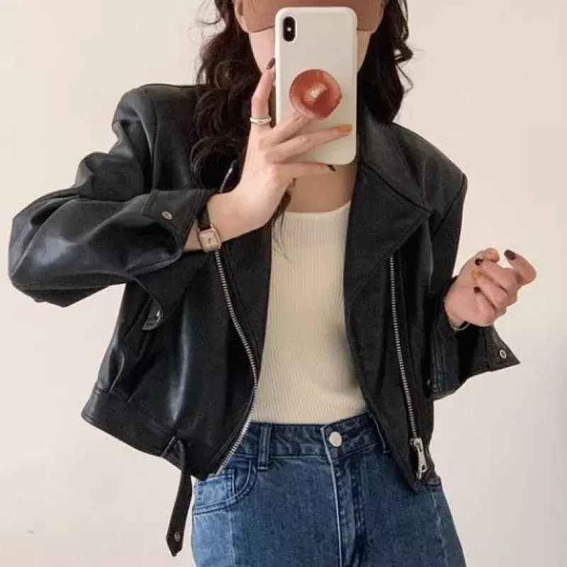 2024 Women Vintage Loose Pu Faux Leather Short Jacket With Belt Streetwear Female Zipper Retro Moto Biker Coat Outwear Tops