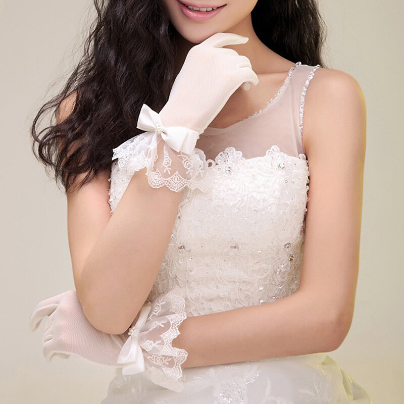 Rękawiczki ślubne damskie krótkie nadgarstek tiul koronkowe aplikacje z kokardką białe wesele prezenty akcesoria ślubne nowość