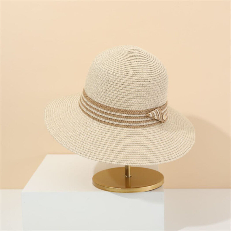 Topi jerami wanita, topi jerami elegan Perancis untuk musim panas liburan pantai topi matahari belanja kasual sederhana tepi besar
