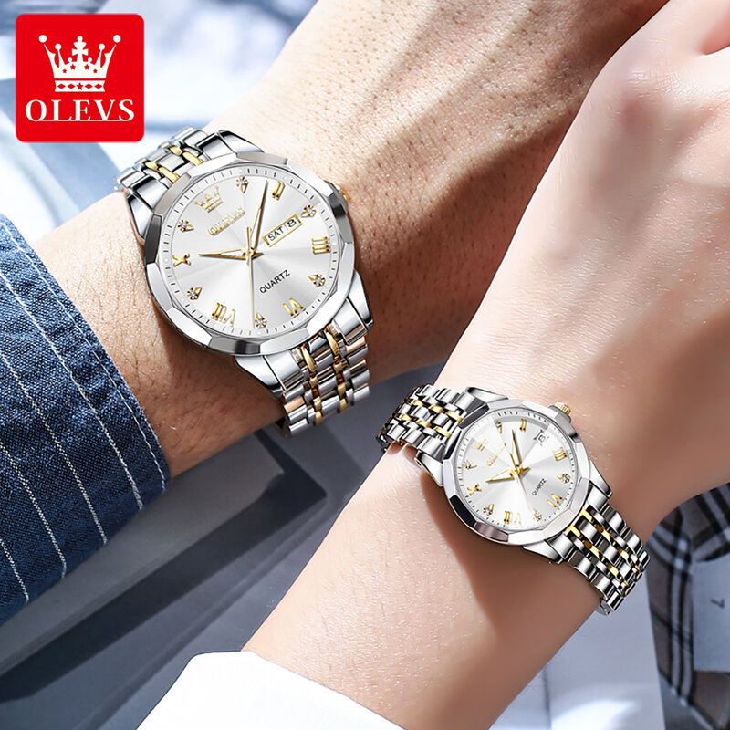 OLEVS Relógio de pulso de quartzo para casal Solid Stainless Steel Strap, Rhombus Design, Fashion Business Watch, Relógios masculinos, Conjunto impermeável, 9931