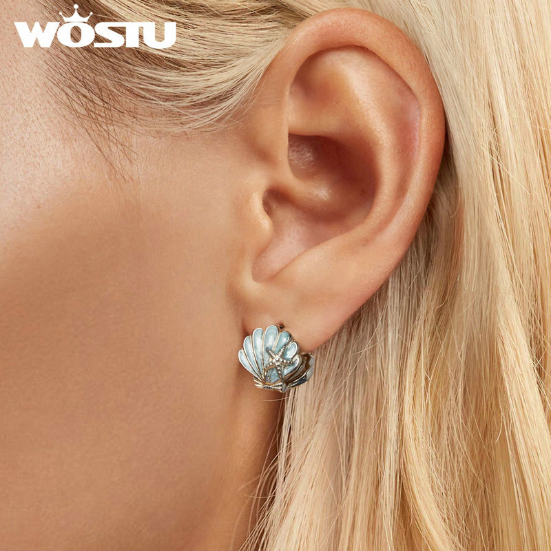 WOSTU-Boucles d'oreilles coquillage en argent regardé 925 pour femme, cerceau avec pierre opale caractéristique, boucles d'oreilles coquillage bleu, bijoux fins, cadeau d'été