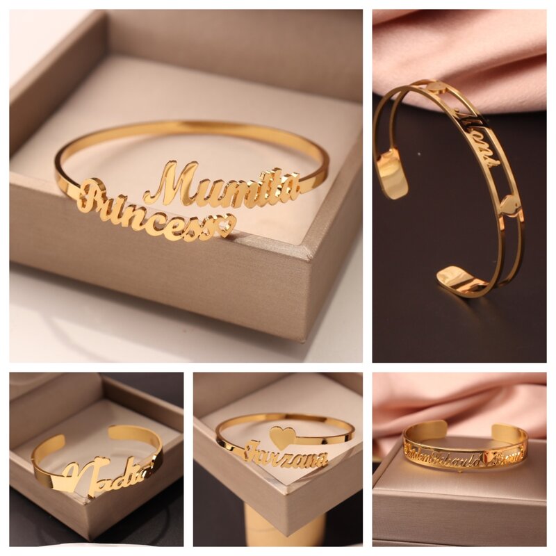 Personalized Custom Name Bracelet Crown Heart Fashion Bangle Stainless Steel Gold Color Bracelet for Women Jewelry Birthday Gift