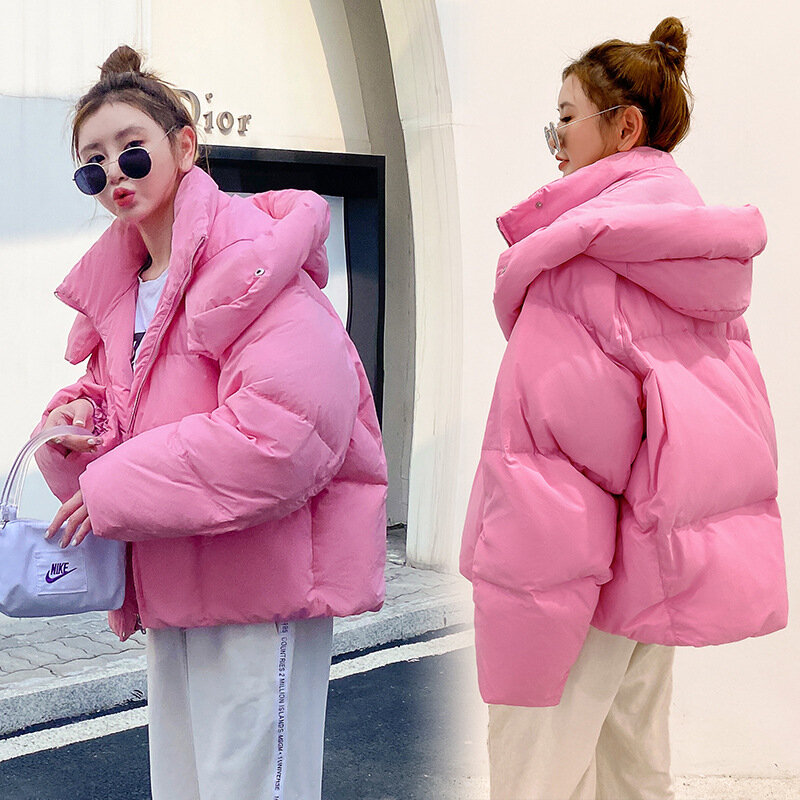 2024 Winter Chic Hooded Down Cotton Puffer Parka Coats Women Loose Solid Thicken Warm Jacket Female New Fashion Zippers Outwear