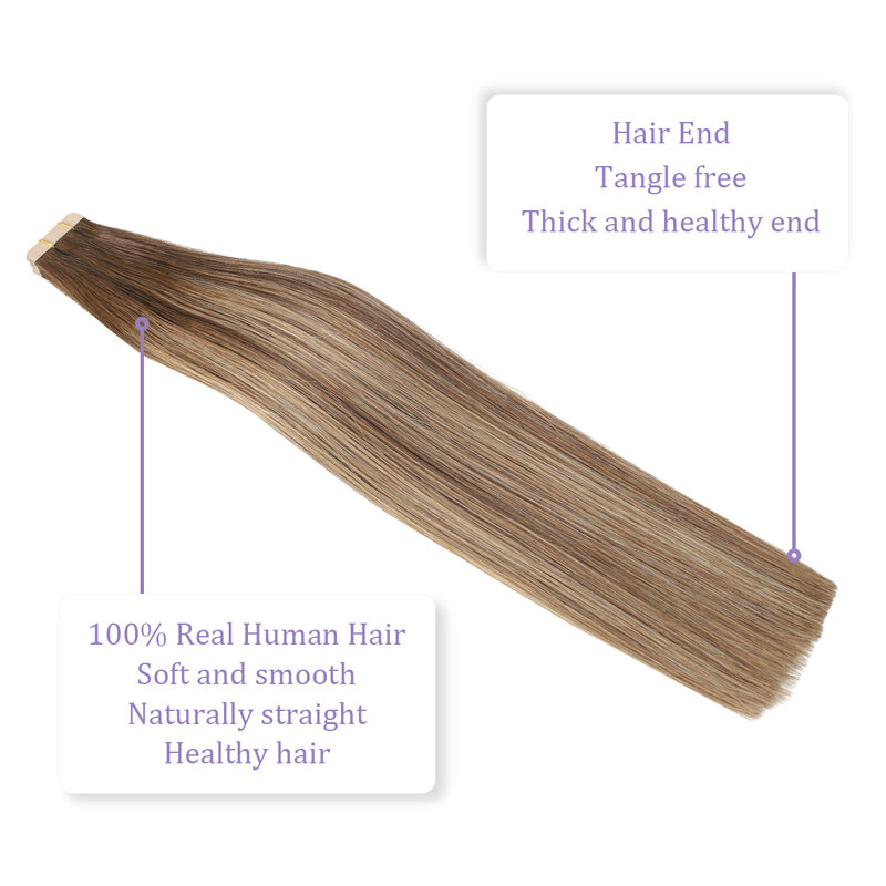 Sindra Tape-extensiones de cabello humano Remy liso, Color Balayage, 14-22 pulgadas, 50g, 20 piezas