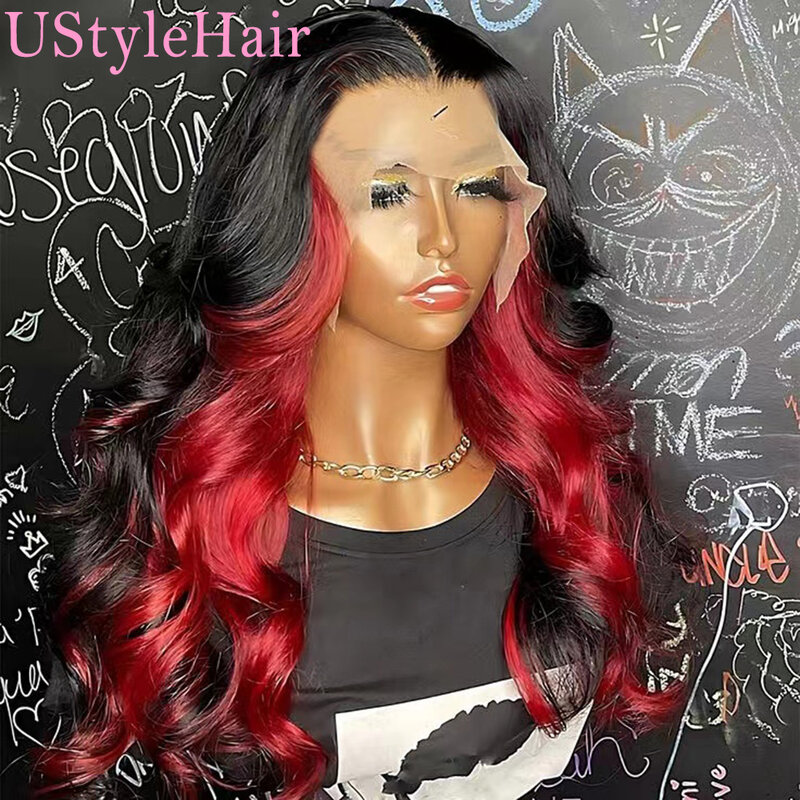 Custom hair schwarz rot seidig gerade Perücke natürlichen Haaransatz synthetische Spitze Front Perücken für Frauen halb schwarz halb rot hervor gehoben Perücke