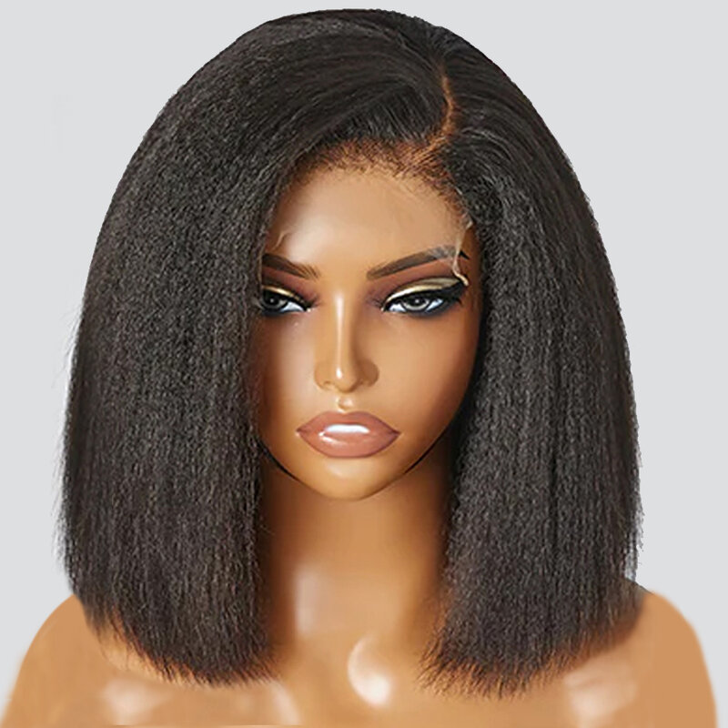Glueless Kinky Straight 13x4 Lace Front Wig Short Bob Human Hair Wigs Wear And Go Yaki Straight Brazilian Remy PrePlucked Wig
