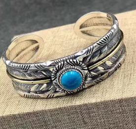 Vintage Silver Color Feather Turquoise Cuff Bracelet Bangle for Men Retro Bangle Punk Jewelry Accessories