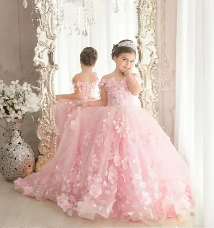 Flower Girl Drop Scoop Neck Ruffles Tulle Puff 3d Flowers Girls Birthday Party Dresses Backless Kids First Communion Gown