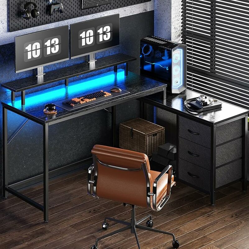 Odwracalne biurko komputerowe w kształcie litery L z szufladami, biurko do gier ze światłami LED i gniazdkami zasilanymi,