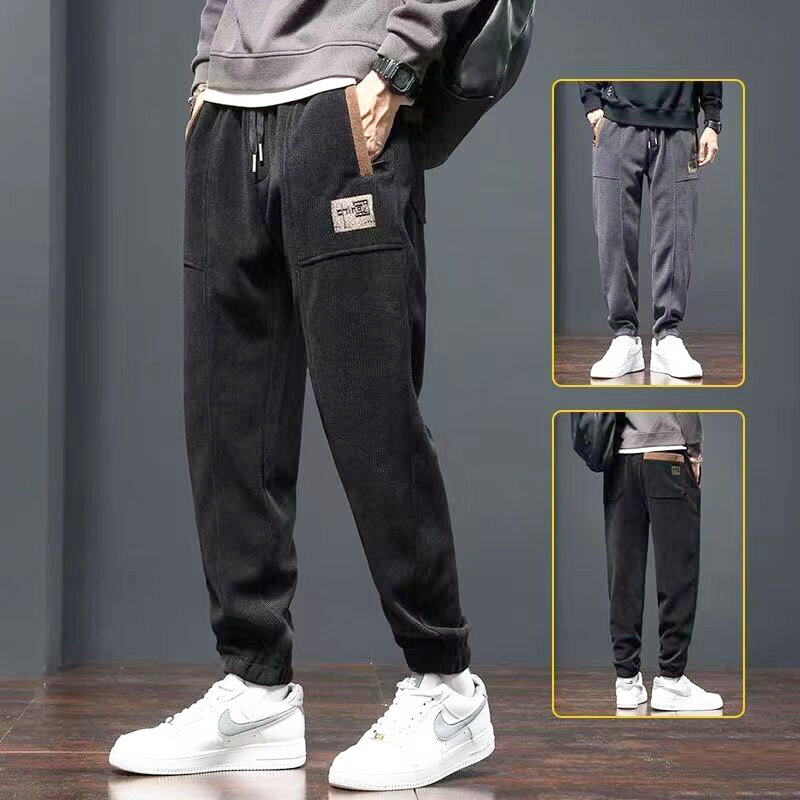 Calça quente espessada de pelúcia masculina com encaixe elástico solto, laços retos nas pernas, tendência da moda esportiva, calça de suor de lazer, inverno