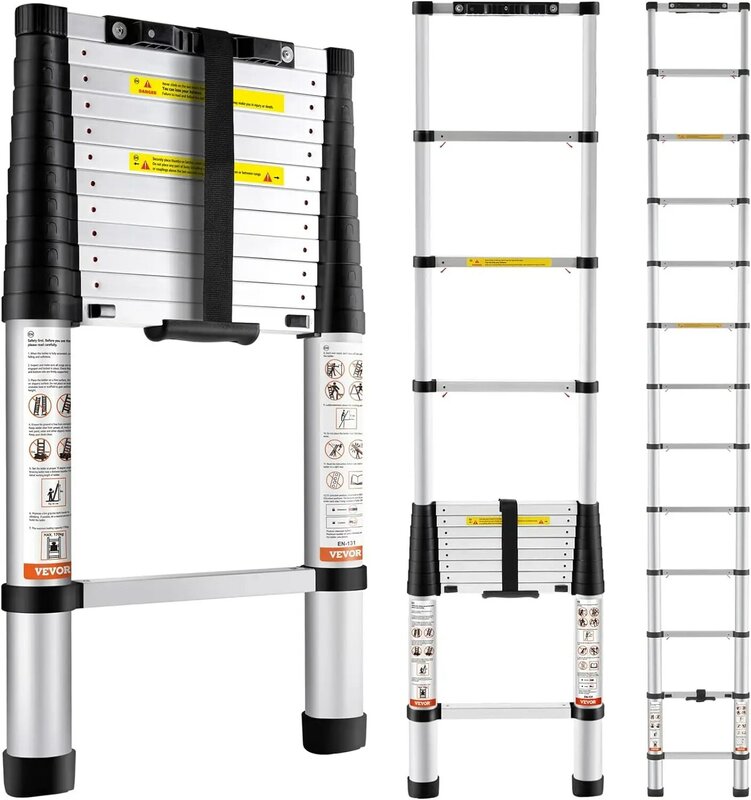 Vevor Telescopische Ladder, 12.5 Ft Aluminium Inklapbare Verlengladder Met Één Knop, 375 Lbs Capaciteit Met Antislipvoeten,