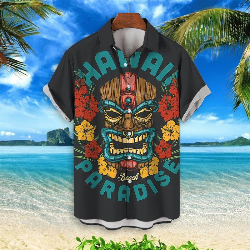 تيكي رجالي منقوش قميص هاواي ، تيشيرتات شاطئ ، كاجوال استوائي ، توبات بأكمام قصيرة ، بلوزة بأزرار ، ملابس رجالية كبيرة الحجم
