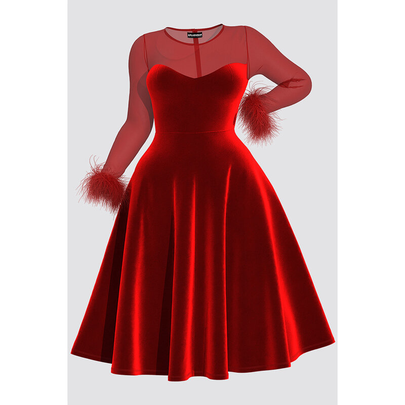 Plus Size Cocktail Party Midi Dresses Elegant Red Fall Winter Crew Neck Long Sleeve See Through Velvet Midi Dresses