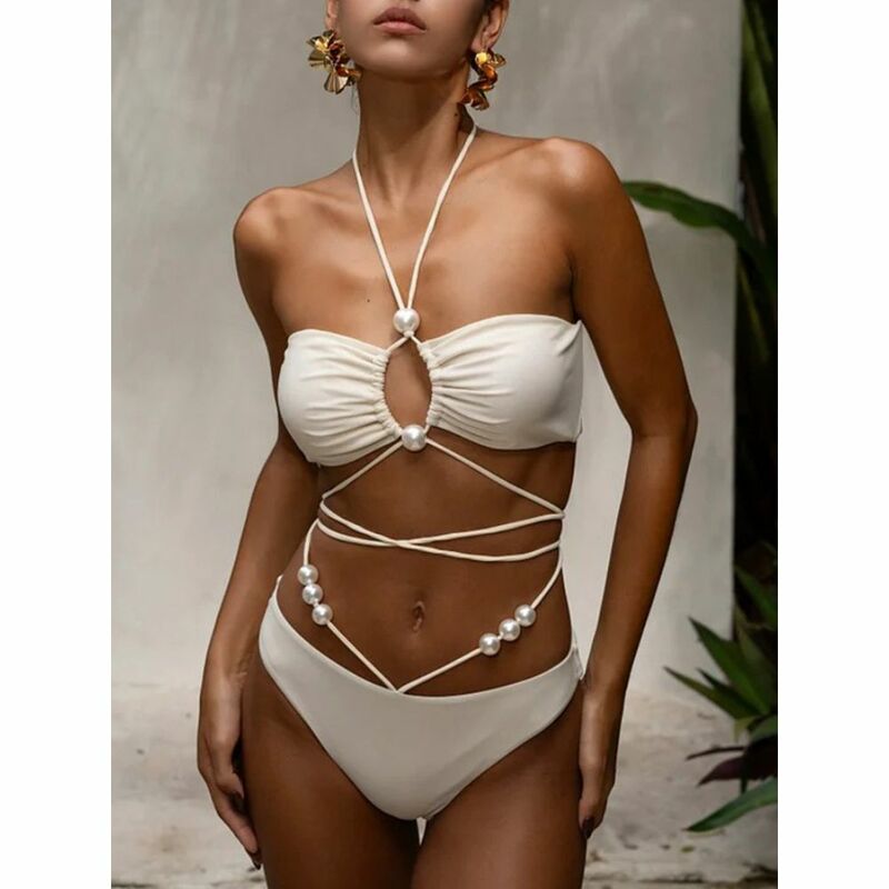 Halterneck Pearl Bandeau Bikini Chic vita alta costume da bagno Sexy Sarong 2024 New Solid Swimwear donna Lace-up Mujer Biquini