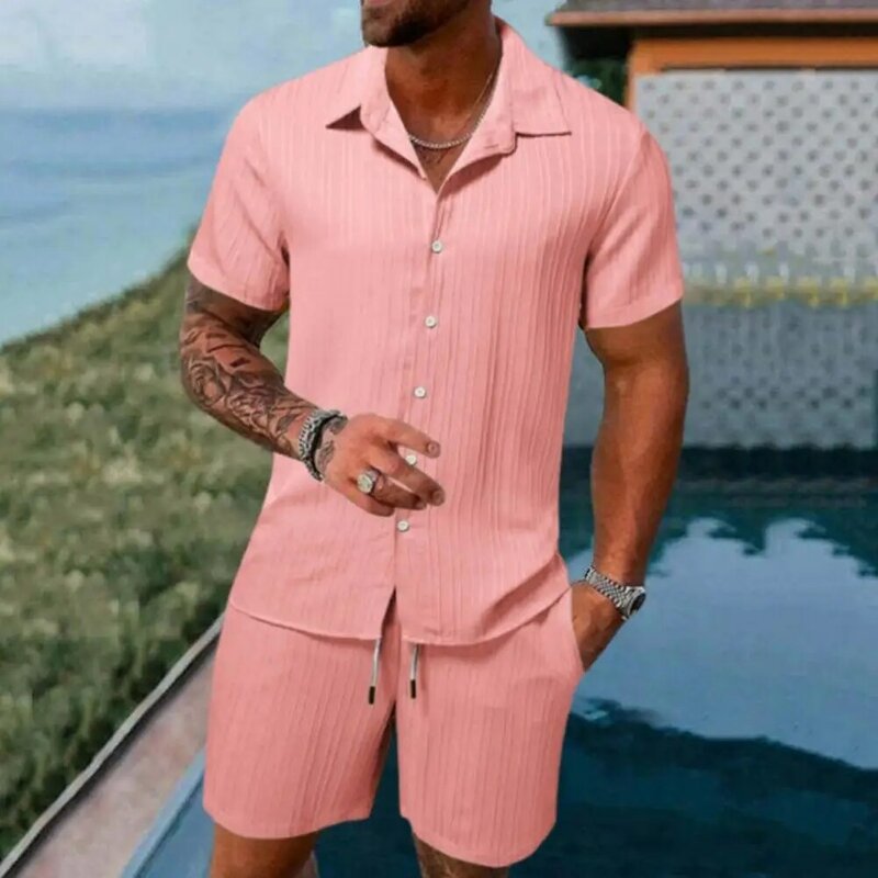 Conjunto de camisa e shorts casual de lapela masculino, calção de cintura com cordão, cor sólida, roupa solta, verão
