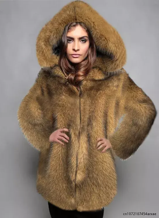 Qnpqyx-女性の厚手のフェイクフォックスファーフード付きコート,ミドル丈,ルーズフィット,暖かいジャケット,冬のファッション