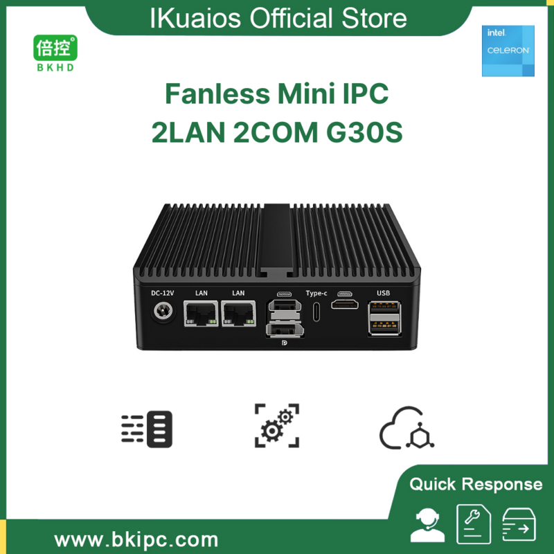 IKuaiOS 팬리스 IPC 산업 제어 머신 비전 우분투 레드 햇, 2x 1 기가비트 이더넷 DB9 COM RS232 485 G30S 1338-12