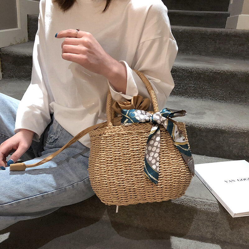 Женская сумочка, летняя популярная соломенная сумка, пасторальные сумки-ведра, пляжная сумка-тоут ручной работы для покупок, Повседневная сумка
