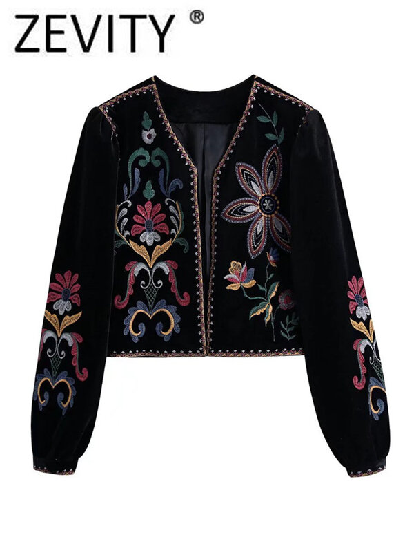 Zevity Women Vintage Flower Embroidery National Style Short Coat Ladies Retro Open Stitching Casual Velvet Jacket Tops CT100