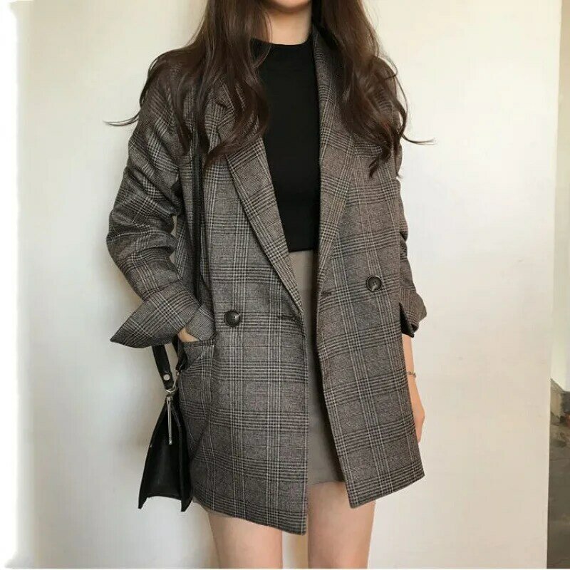 เบลเซอร์ลายสก็อตสำหรับผู้หญิงในฤดูหนาวเสื้อโค้ท MODE Korea หนาทึบหรูหราเสื้อคลุมยาวมีกระดุมสองแถวสำหรับสาวออฟฟิศ