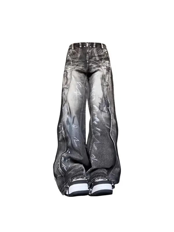 Jeans vintage Graffiti denim feminino, calças grandes de cowboy, streetwear Harajuku, calças da moda, estética folgada, Emo dos anos 2000, Y2k, 2024