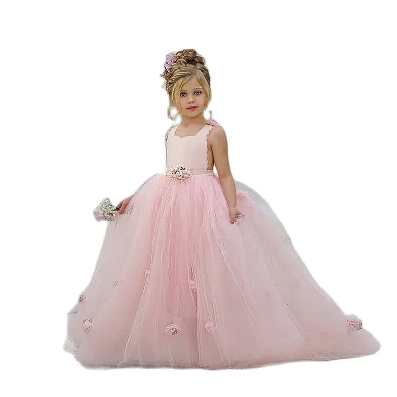 Pink Kids Birthday Party First Communion Ball Gowns Tulle Puffy Sleeveless Applique Lace Elegant Flower Girl Dress For Wedding