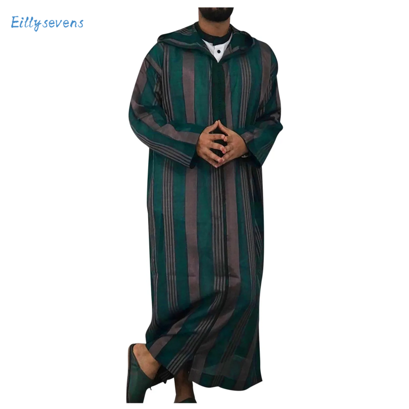 Men'S Islamic Arabian Patchwork Striped Hooded Zipper Muslim Robe Autumn Streetwear Casual Loose Arabian Islamic Robe